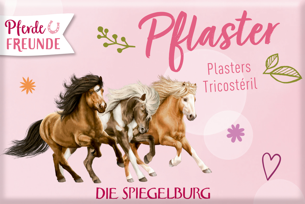 Rechteckige, rosafarbene Schachtel mit drei galoppierenden Pferden und Verzierungen.