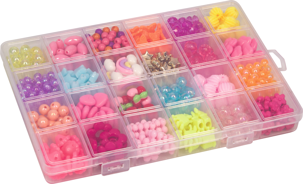 Transparente Sortierbox mit verschiedenen bunten Kunststoffperlen in getrennten Fächern.