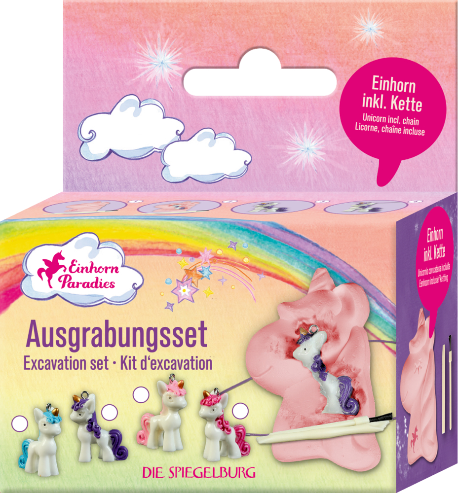 Bunte Verpackung eines Ausgrabungssets mit kleinen Einhornfiguren und zwei Ausgrabungswerkzeugen.