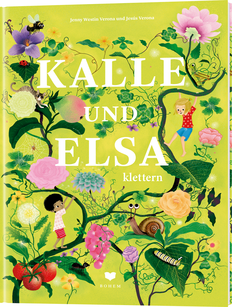 Buchcover von KALLE UND ELSA: Kinder, Blumen, Insekten und Ranken auf einem leuchtend grünen Hintergrund.