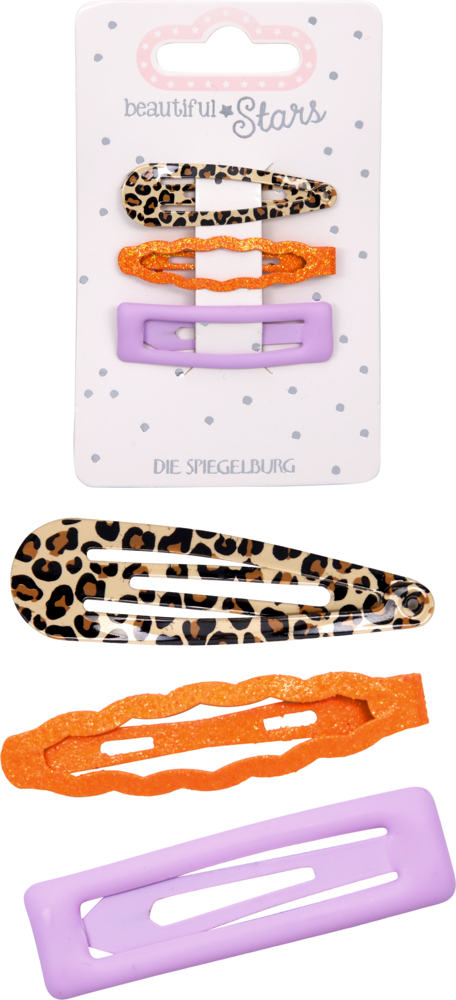 Drei Haarspangen in Leopardmuster, glitzerndem Orange und Helllila, dadrüber diese drei Haarspangen auf der Produktverpackung.