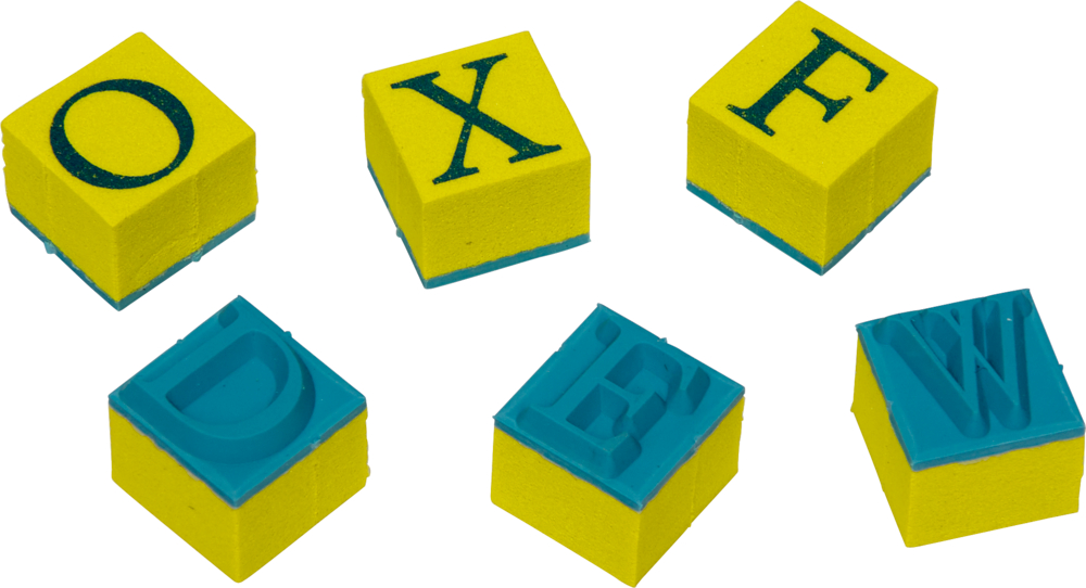 Sechs gelbe und blaue Klötzchen mit den Buchstaben O, X, F, D, E und W.