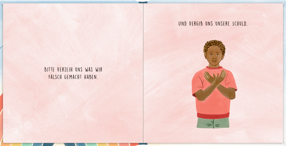 Doppelseite mit Text auf der ein Kind einen Teil des Vaterunsers mit einer Choreo vor macht.