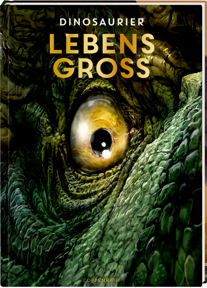 Nahaufnahme eines Dinosaurierauges mit rauen grünen Schuppen. Titel: „Dinosaurier Lebens Groß.“.