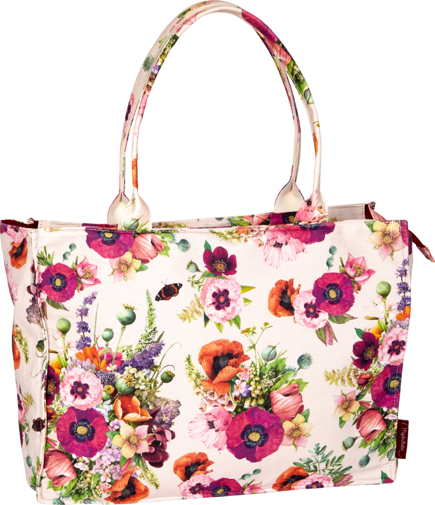 Tragetasche mit stabilen Henkeln, Blumenmuster und rosa, roten und violetten Blumen auf weißem Untergrund.