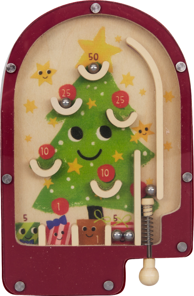 Kleines Holzflipperspiel mit Weihnachtsbaum-Motiv, Metallkugeln, Punkten und Sternen sowie weinrotem Rand.