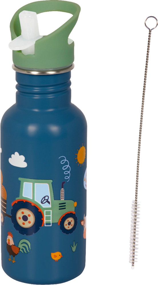 Blaue Wasserflasche mit Bauernhoftier- und Traktormotiven, grünem Deckel, weißem Strohhalm und Reinigungsbürste.