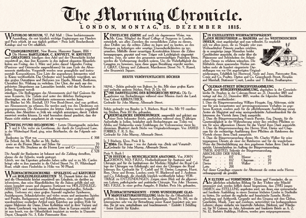 Zeitungsseite von 1815: dichter schwarzer Text, fette Schlagzeilen und eine kleine Schiffsillustration.