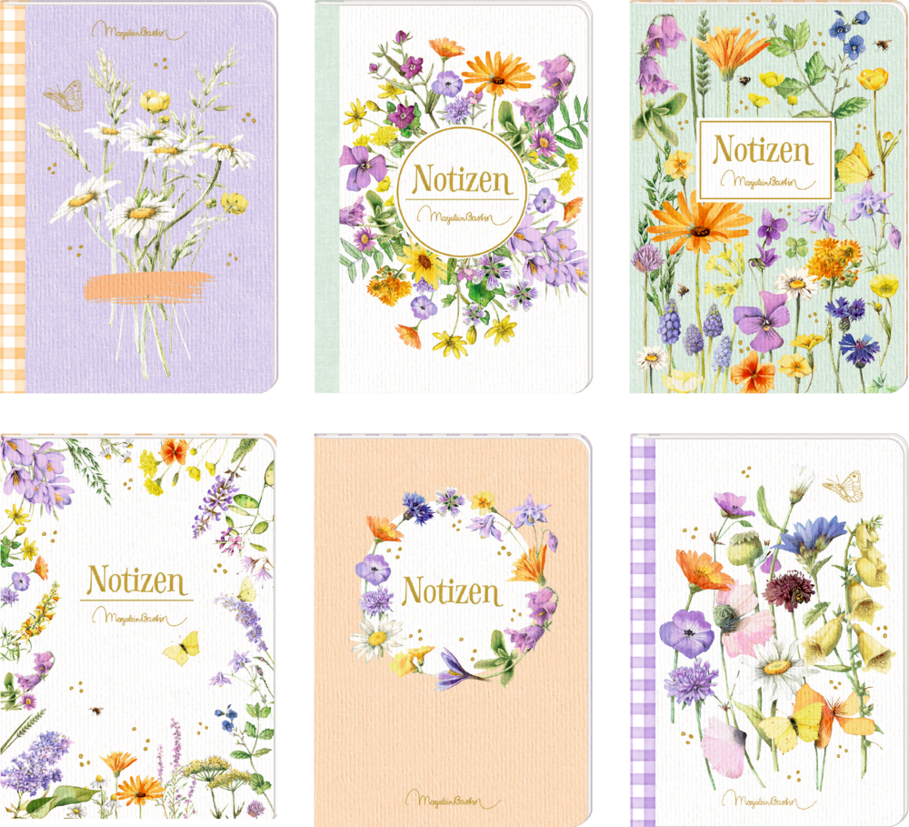 Sechs Notizbücher mit floralen Aquarellmotiven und dem Aufdruck „Notizen“ auf dem Einband.
