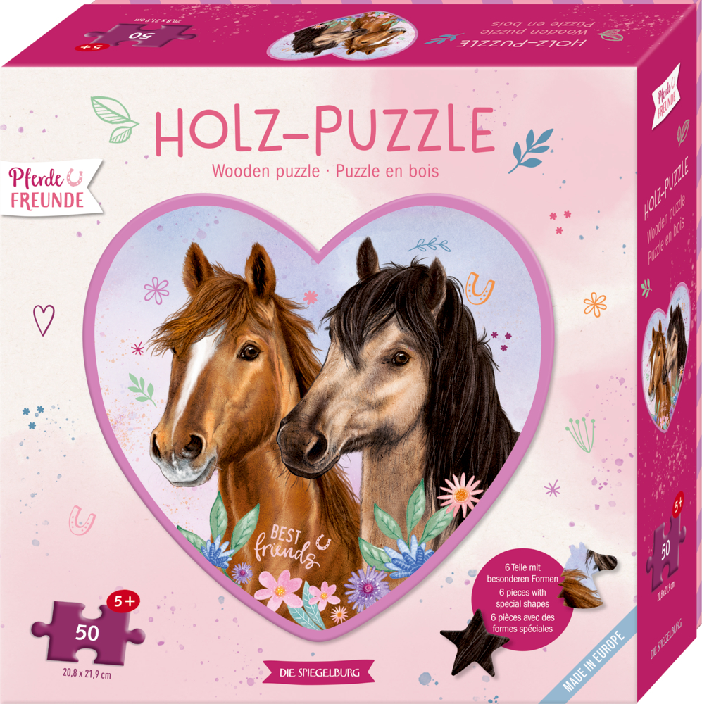 Rosa Verpackung eines Holzpuzzles mit Herzmotiv und Illustration von zwei Pferden umgeben von Blumen.