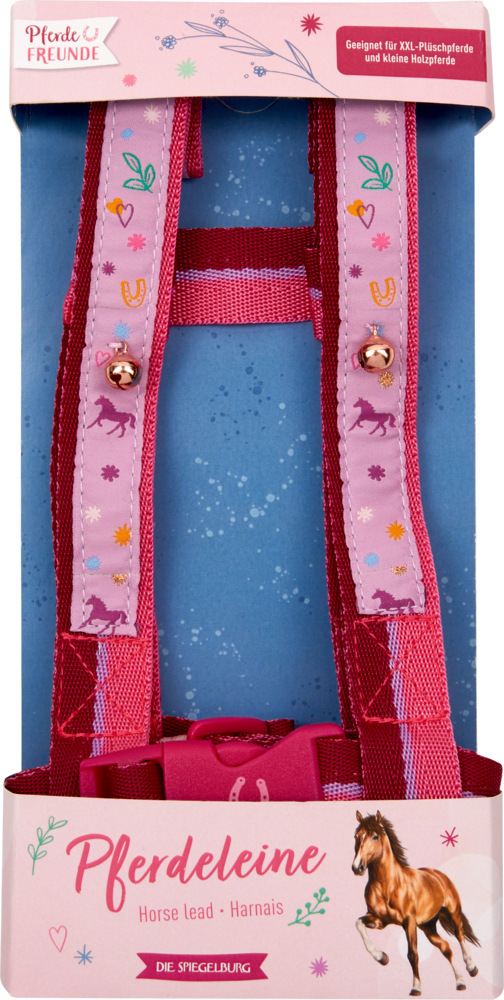 Rosa-rote Pferdeleine mit dekorativem Pferde- und Sternenmuster, farbenfroh verpackt in einer Pappschachtel mit einem Pferdebild.