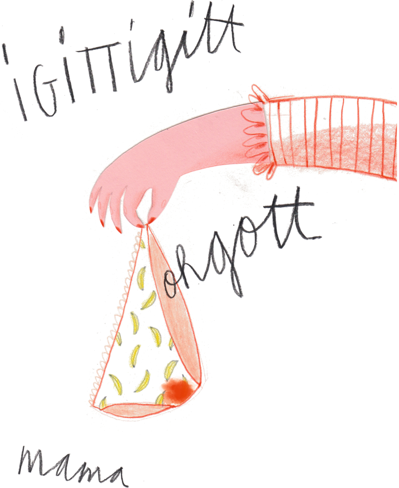 Eine Hand hält fleckige Unterwäsche; Text: „Igitt, igitt, oh Gott, Mama.“.