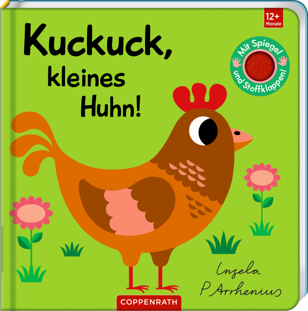 Braune Henne auf grünem Hintergrund mit rosa Blumen und Text auf dem Cover des Kinderbuchs "Kuckuck, kleines Huhn!".
