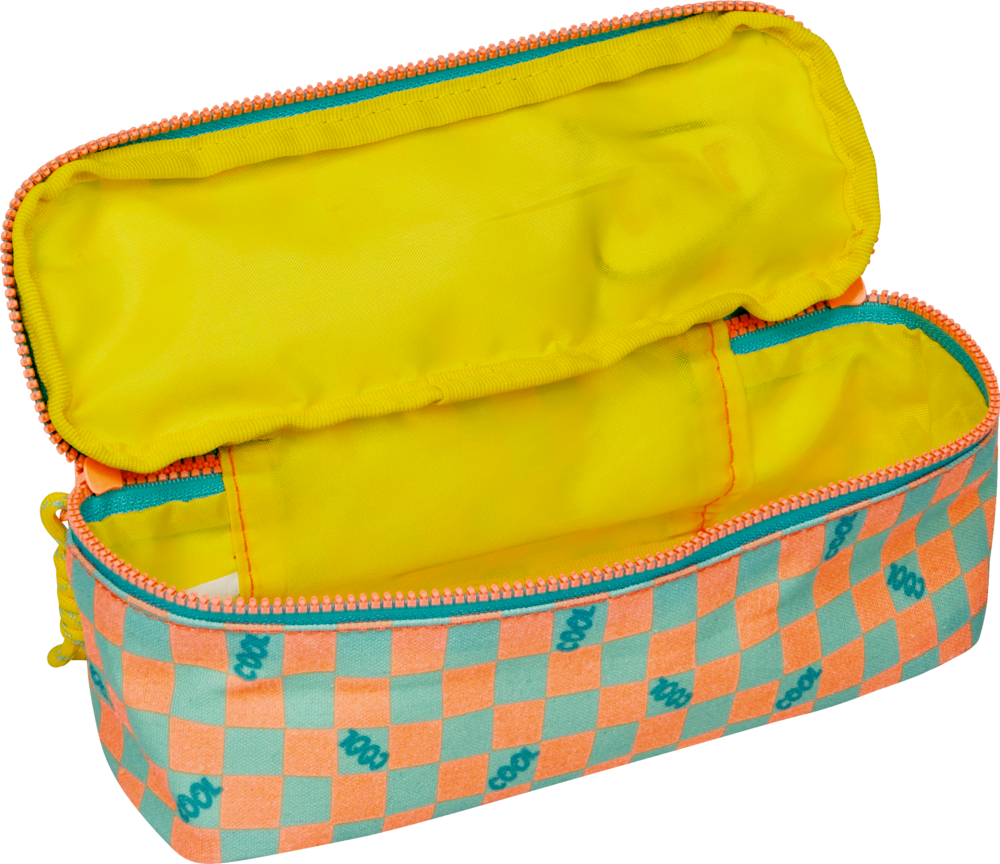Offenes rechteckiges Federmäppchen mit gelbem Innenfutter und blau-orange kariertem Äußeren, orangener Reißverschluss.