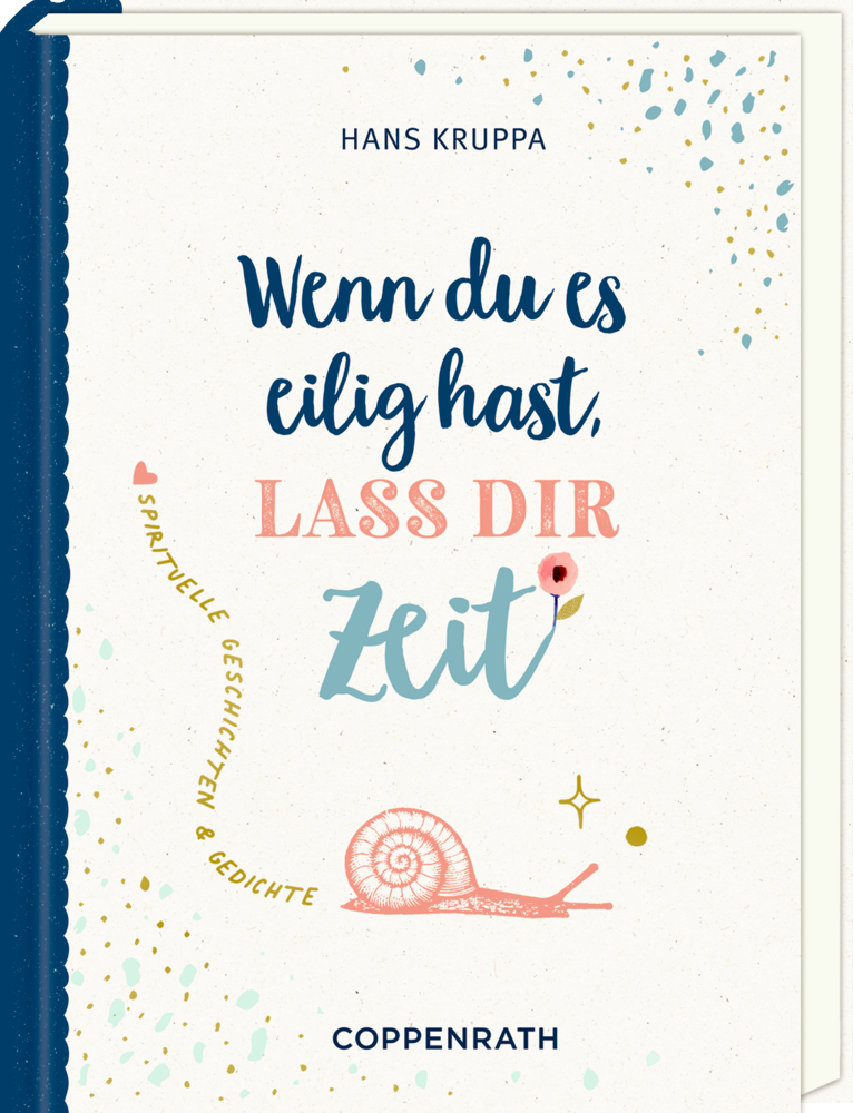 Bucheinband: dekorative Punkte, rosa Schnecke, kleine Blume auf blau-weißem Hintergrund.