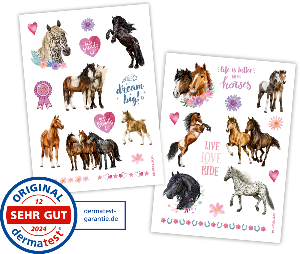 Zwei Stickerbögen mit Pferdemotiven, Blumen, Herzen und Schriftzügen in Rosa-, Lila- und Blautönen, links in der unteren Ecke das Dermatest "sehr gut" Logo.