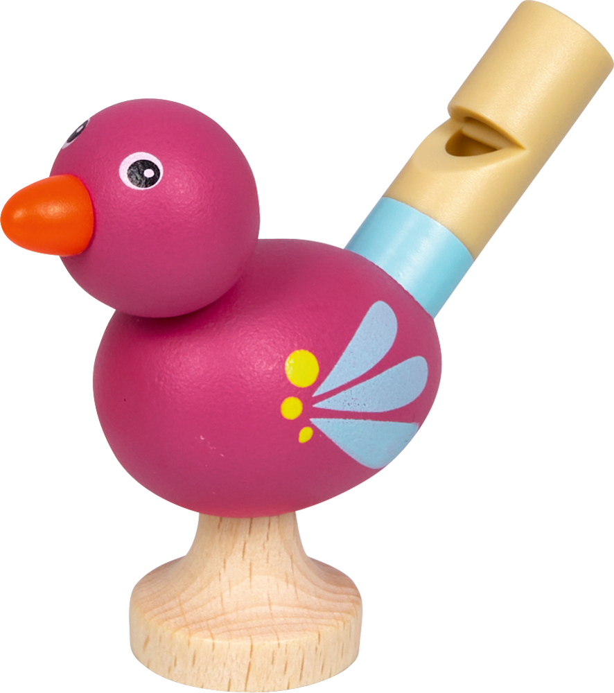 Pinker Holzvogel mit orangefarbenem Schnabel, blauen Flügelmustern und beige-blauer Pfeife auf hellem Holzfuß.