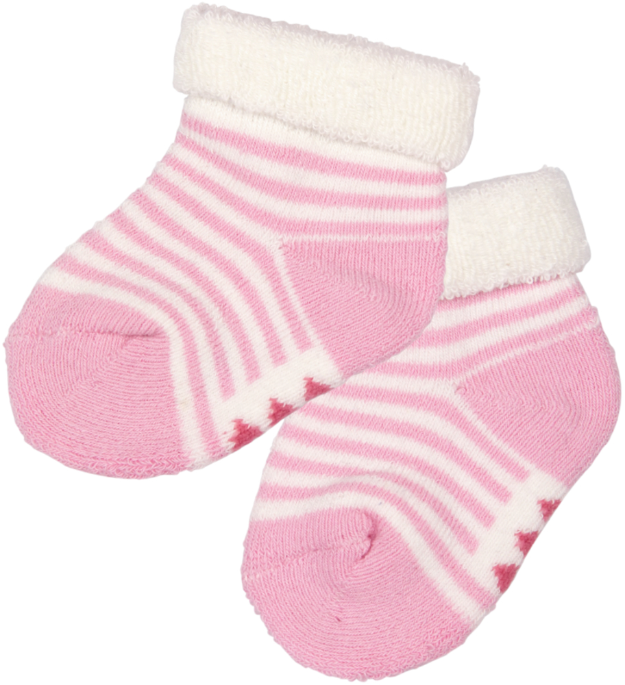 Rosa-weiß gestreifte Babysocken mit weißem Bündchen.