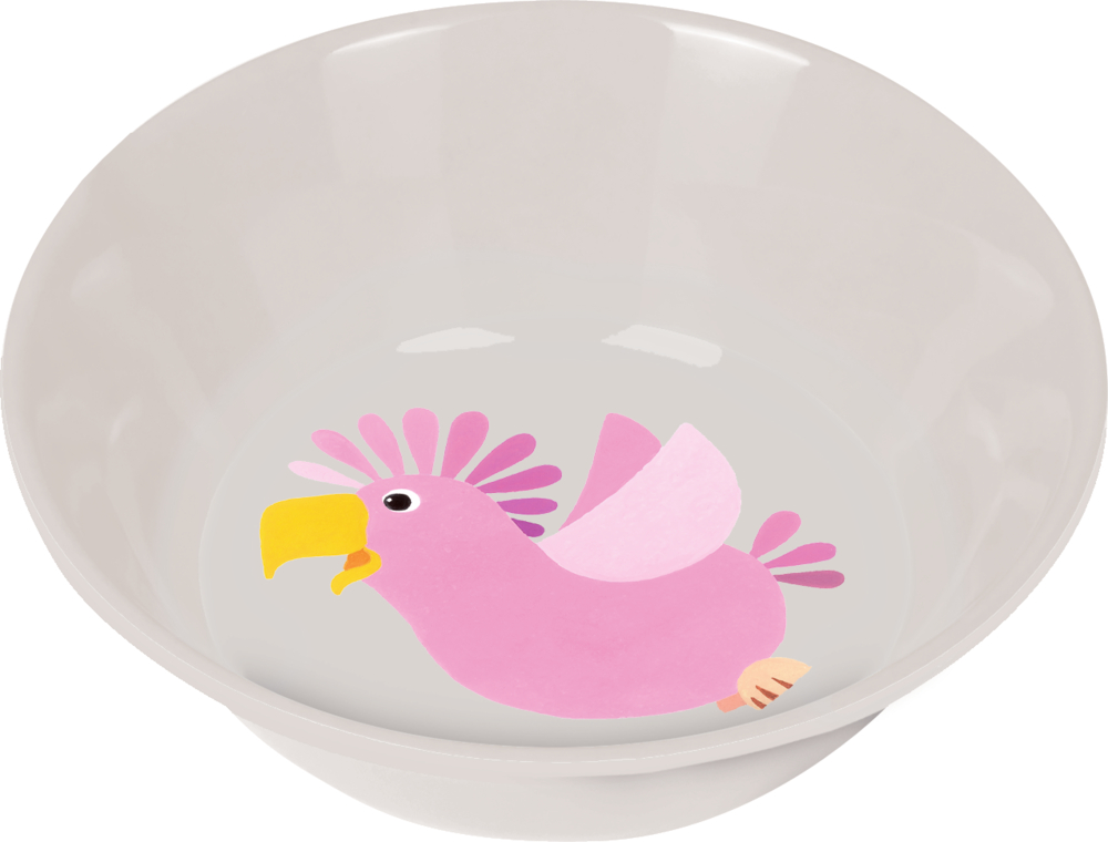 Weiße Schüssel mit einem bunten Cartoon-Kakadu in Rosa, einem gelben Schnabel und Flügeln auf der Innenseite des Bodens.