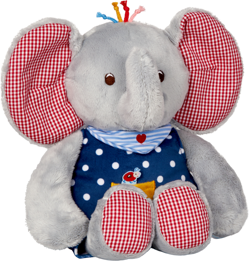 Grauer Plüschelefant mit rot karierten Ohren und Füßen, gekleidet in ein blaues gepunktetes Outfit.
