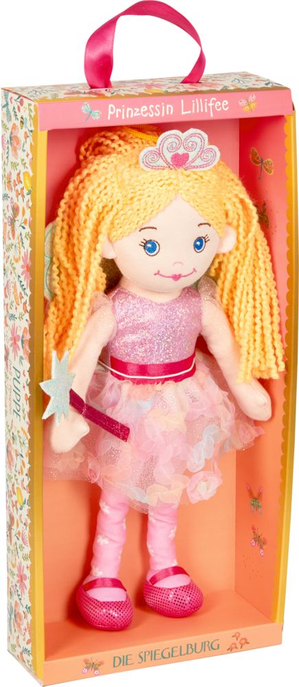 Blonde Feenpuppe im rosa Kleid mit Krone und Zauberstab, verpackt in einer farbenfrohen Prinzessin Lillifee-Box.