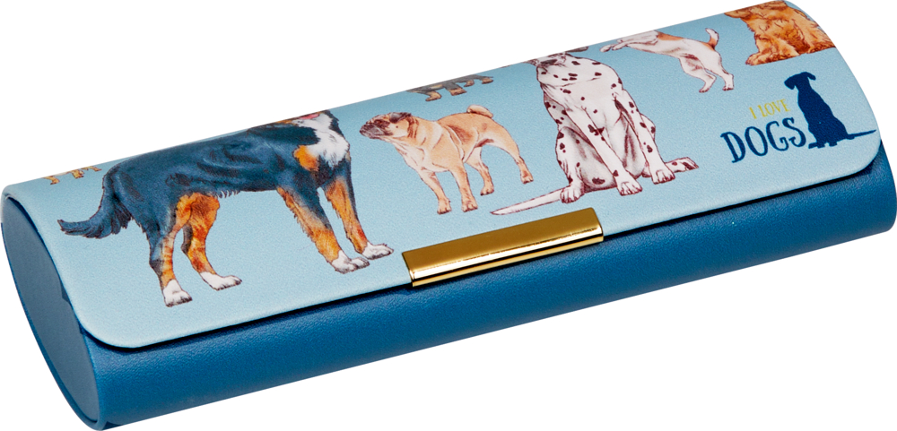 Blaues Brillenetui mit Abbildungen verschiedener Hunderassen und dem Satz „I love dogs.“.