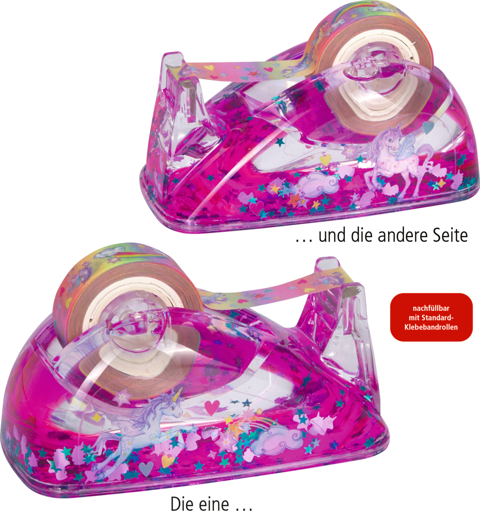 Pinker transparenter Klebebandabroller mit Einhorn- und Sternmotiven, beidseitig gezeigt, mit buntem Klebeband.
