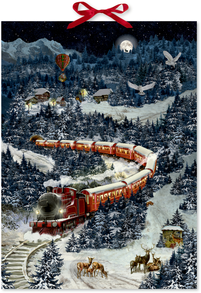 Ein roter Zug fährt nachts durch verschneite Hügel mit Tannen, Rehen, Hütten und Vollmond.
