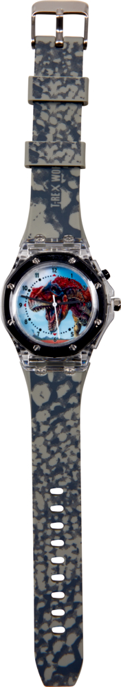 Graue Armbanduhr mit einem Dinosaurier-Design auf dem Zifferblatt vor einem weißen Hintergrund.