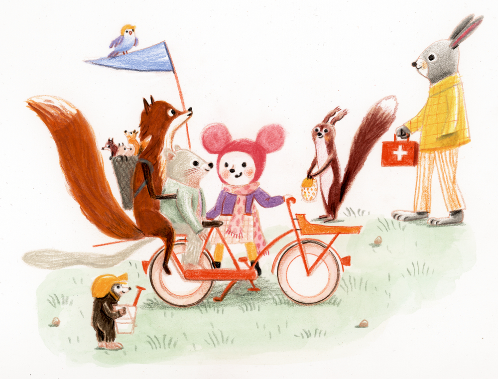 Tiere versammeln sich um eine Maus auf einem Fahrrad; daneben steht ein Hase mit einem Erste-Hilfe-Kasten.