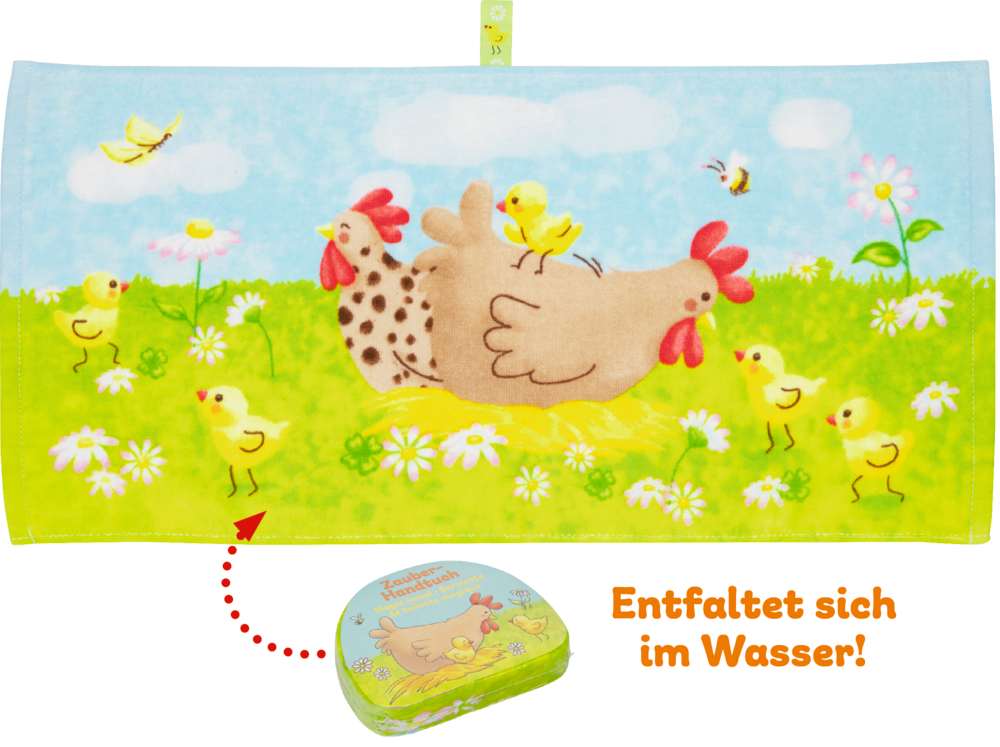 Buntes Handtuch mit  Hennen und Küken auf einer Wiese, darunter: in Form gepresst.