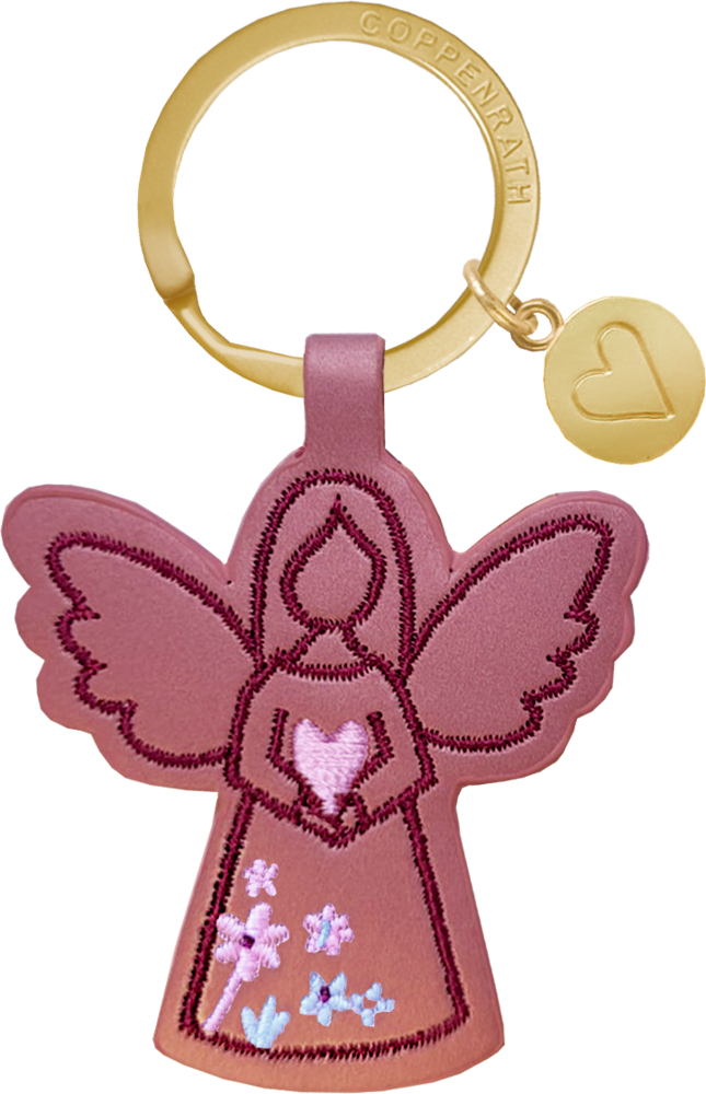 Schlüsselanhänger mit rosa Engel aus Kunstleder, goldfarbenem Ring und kleiner runder Plakette mit Herzsymbol.
