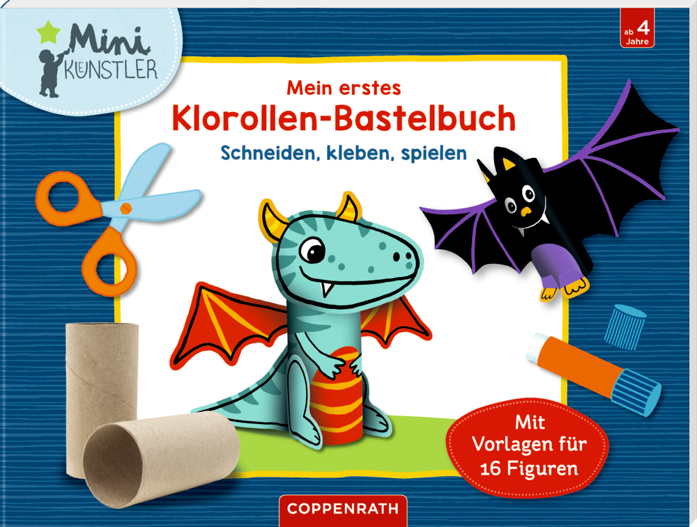 Farbenfroher Buchumschlag mit Drachen, Fledermaus, Toilettenpapierrollen, Schere und Kleber auf blauem Hintergrund.