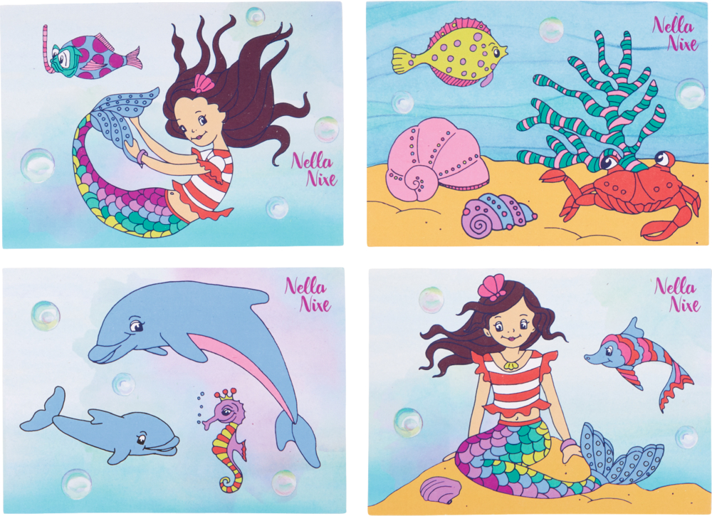 Vier lebendige Meerjungfrauen-Illustrationen mit Meeresbewohnern – Fischen, Delfinen, Krabben und Muscheln.