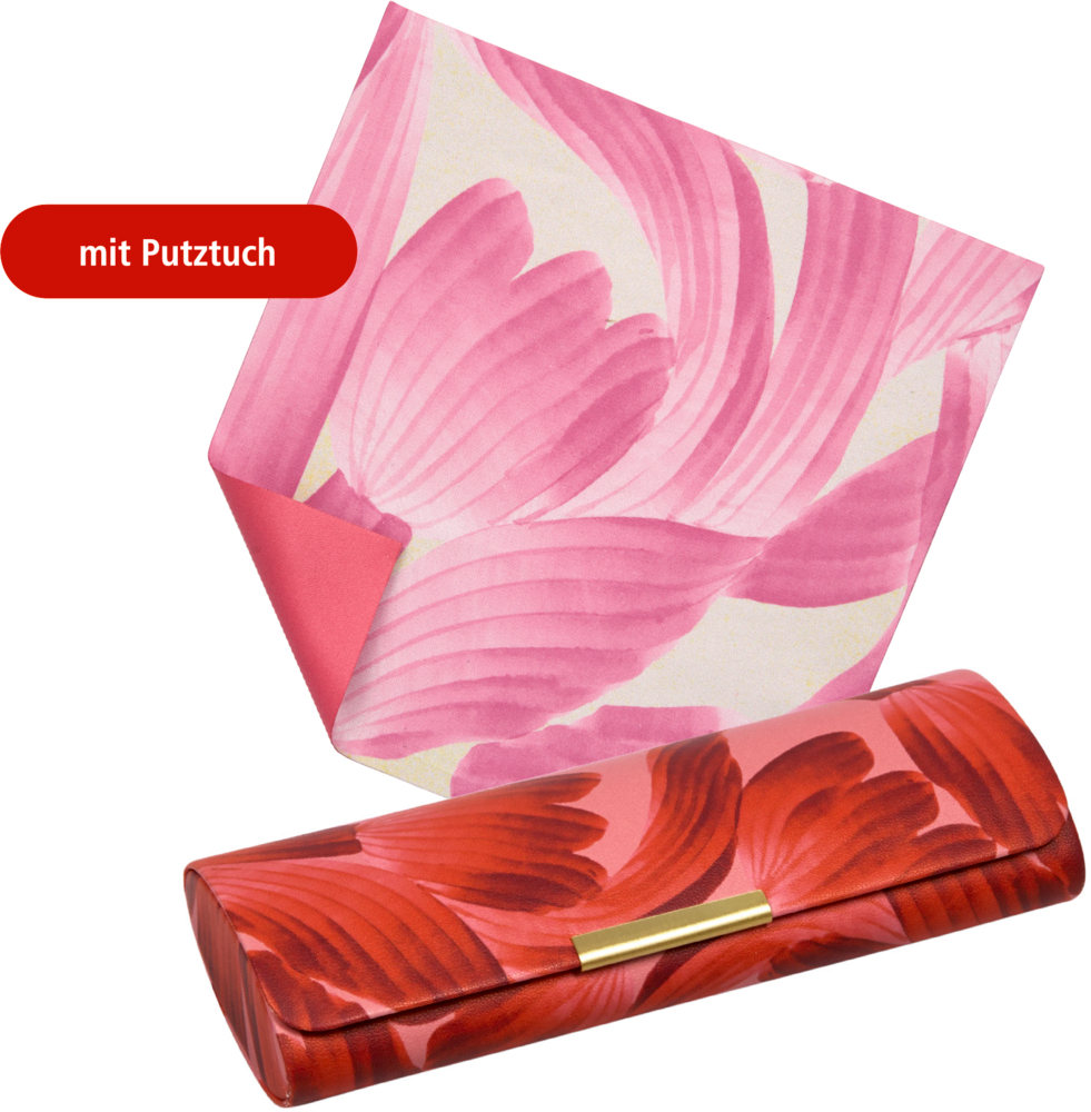 Rotes Brillenetui mit Blattmuster und passendem rosa Putztuch mit ähnlichem Muster.