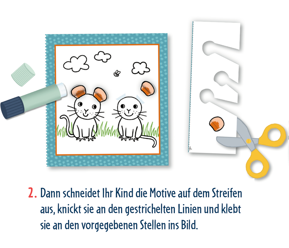 Bastelanleitung mit zwei Cartoon-Mäusen die ihre Ohren festgeklebt bekommen, Schere, Kleber und Papier für Kinderaktivitäten.