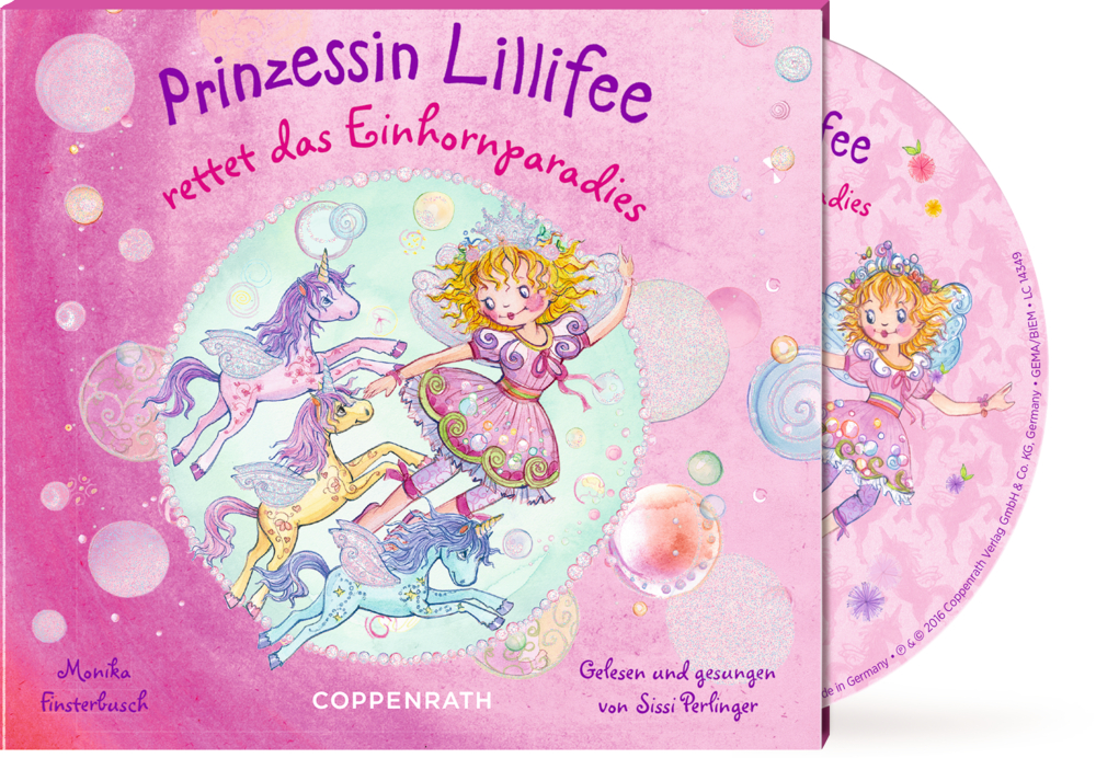 Rosa CD-Cover: Prinzessin Lillifee fliegt mit Einhörnern, umgeben von Sternen und Glitzer.