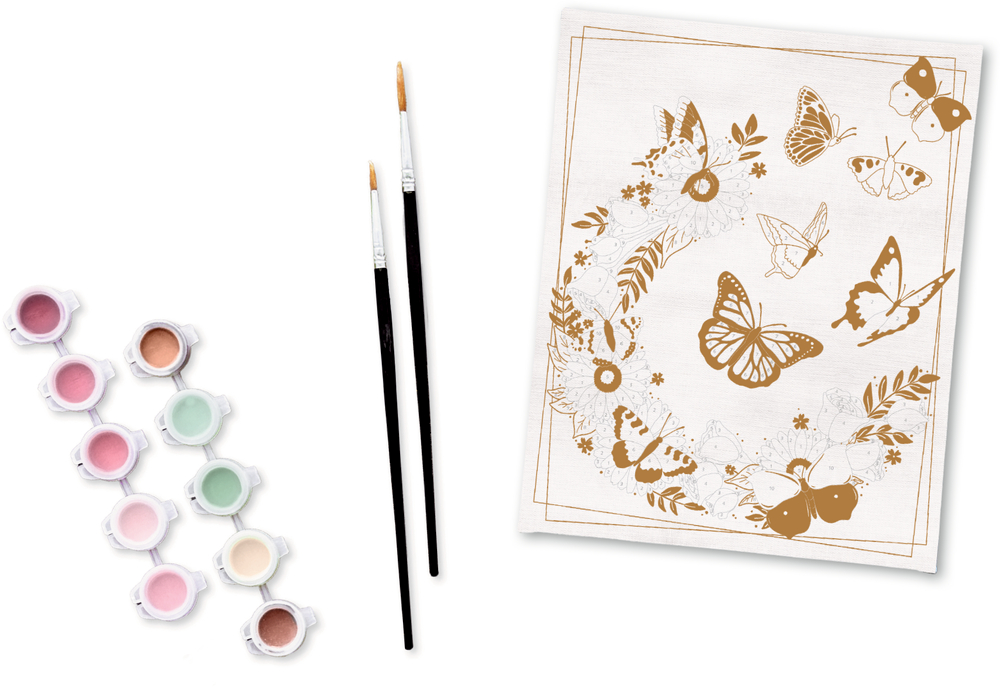 Aquarellfarben, zwei Pinsel und eine Ausmalseite mit Schmetterling und Blumen liegen auf weißem Hintergrund.