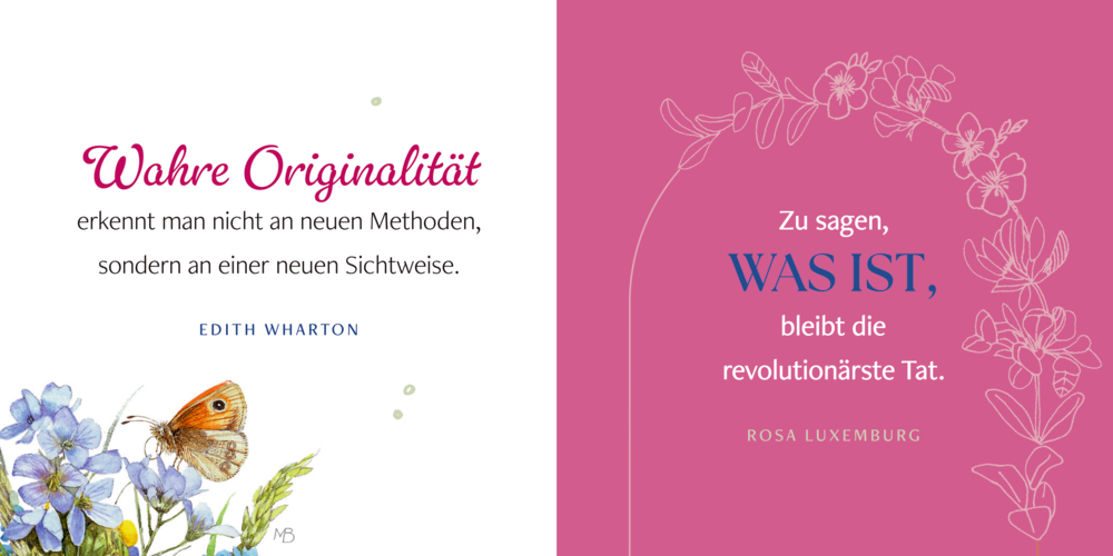 Zwei Zitatkarten mit Texten von Edith Wharton und Rosa Luxemburg, links mit Blumen und Schmetterling, rechts mit floraler Linienzeichnung.