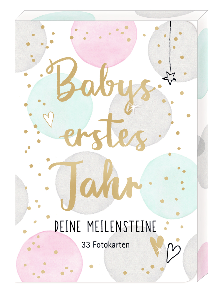 Box mit pastellfarbenen Kreisen und goldenen Punkten. Text: Babys erstes Jahr – Deine Meilensteine – 33 Fotokarten.