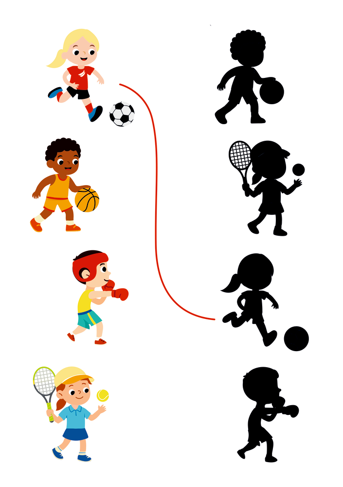 Vier Kinder treiben Sport, links farbig und rechts als schwarze Silhouetten mit passenden Sportarten und roter Verbindungslinie.
