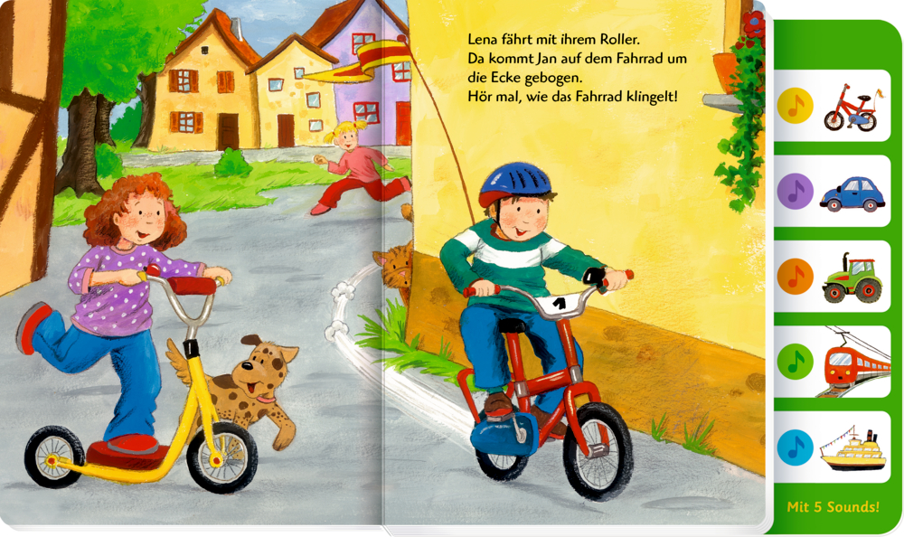 Ein Mädchen fährt mit einem Hund Roller, während ein Junge auf dem Fahrrad in einem bunten Dorf um die Ecke kommt, auf einer Doppelseite eines Soundbuches mit Text.