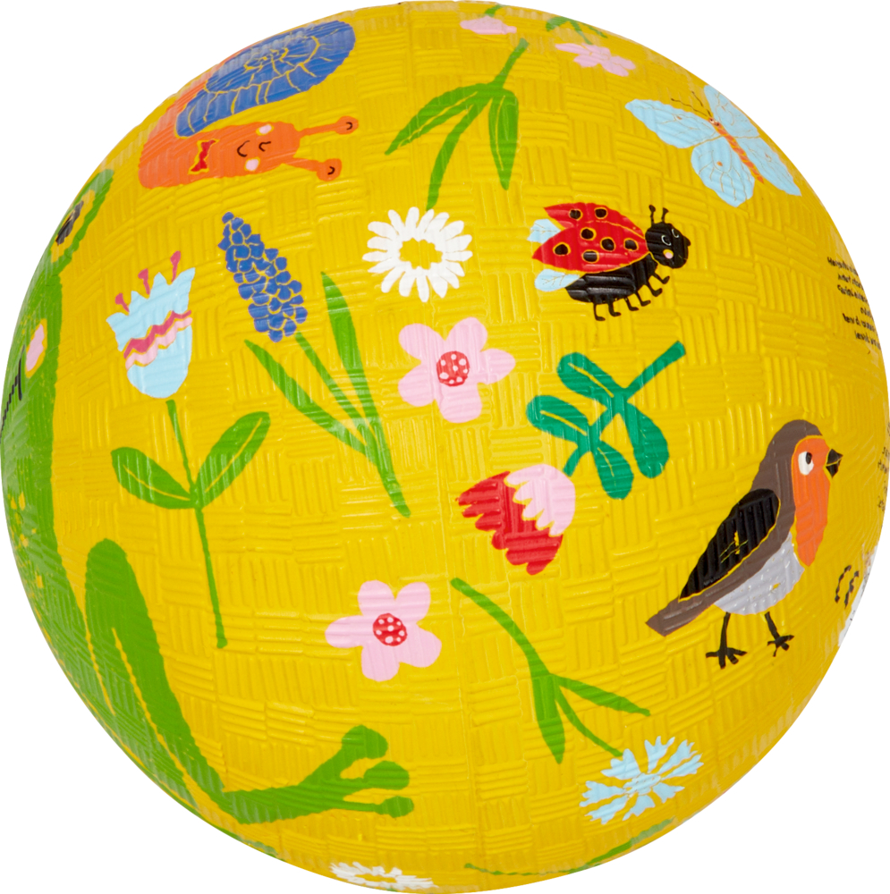 Gelber Ball mit Blumen, Schnecke, Marienkäfer, Schmetterling und Vogel auf einer strukturierten Oberfläche.