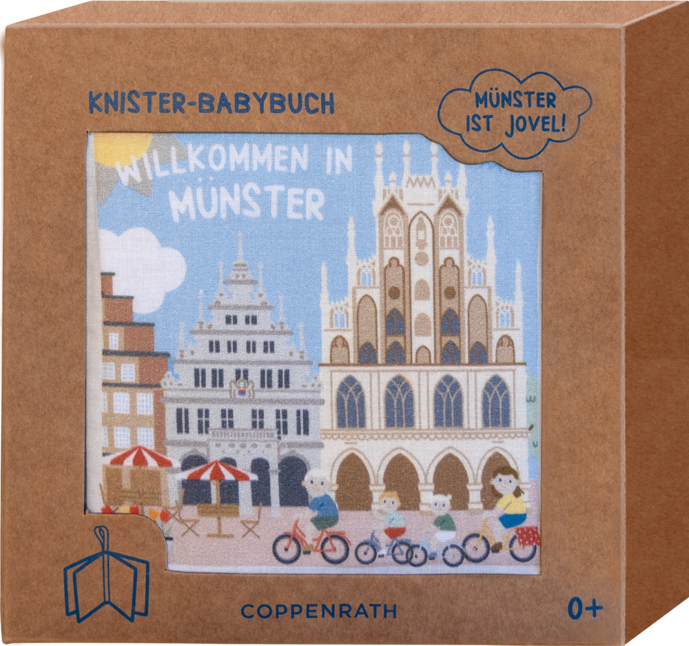Babybuch in einer Box mit einer illustrierten Münsteraner Stadtansicht und dem Titeltext: „Willkommen in Münster“.