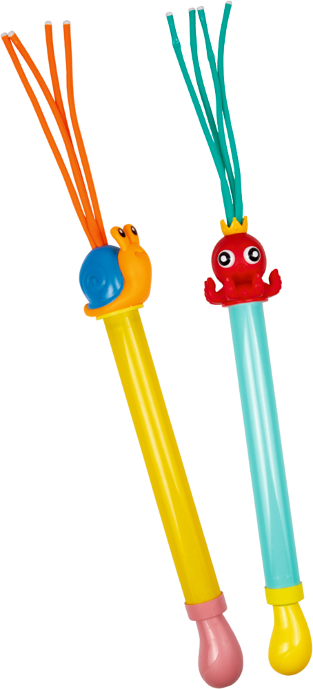 Zwei bunte Stäbe mit einer Schnecke und einem Oktobus sowie farbigen Fransen.