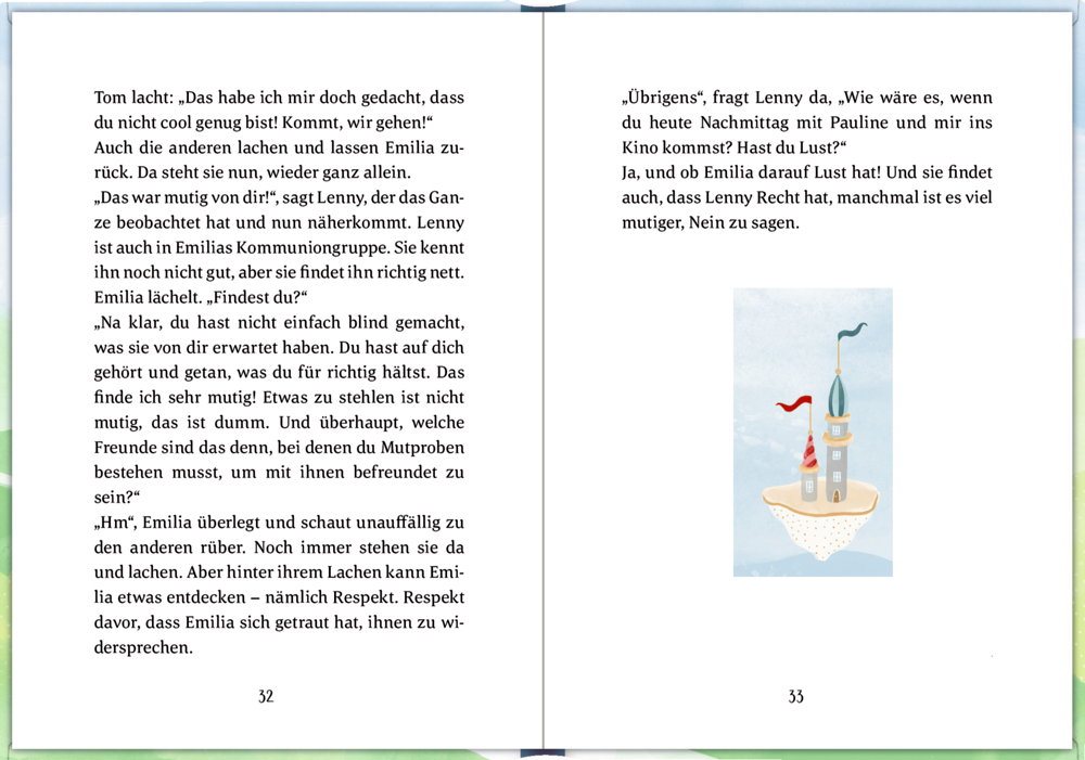 Offenes Buch mit Text auf der linken Seite und einer Burgillustration auf der rechten Seite.