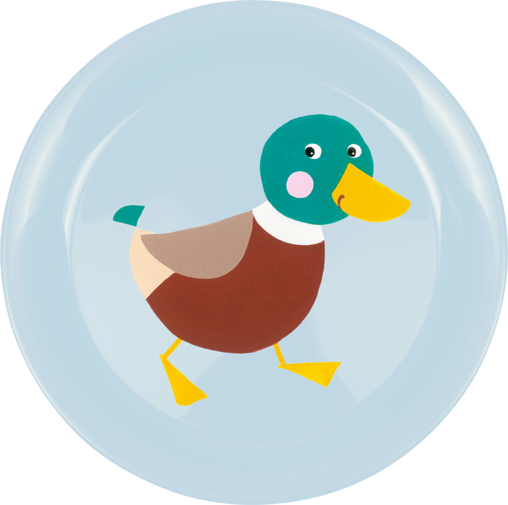 Cartoon-Ente mit grünem Kopf und gelbem Schnabel, abgebildet auf einem hellblauen Teller.