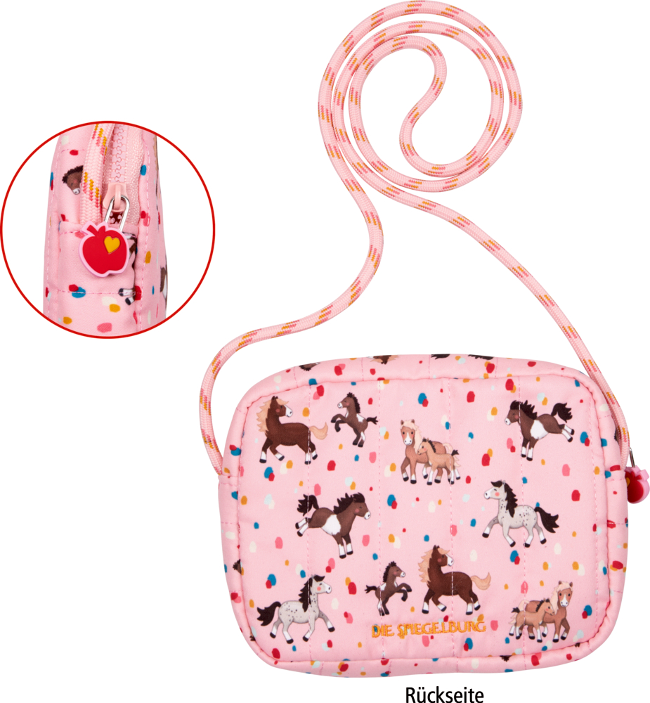 Rosa Kindertasche mit Pferdeprint, Konfetti-Punkten und rotem Herz-Reißverschluss.