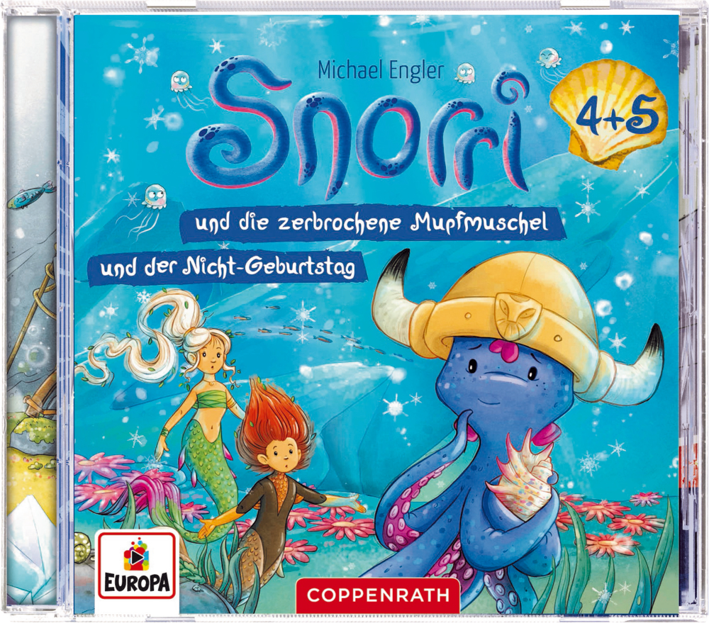 Buntes CD-Cover: Blauer Oktopus mit Wikingerhelm, Meerjungfrau und Unterwasserwelt, Titelschriftzug Snorri 4 und 5.