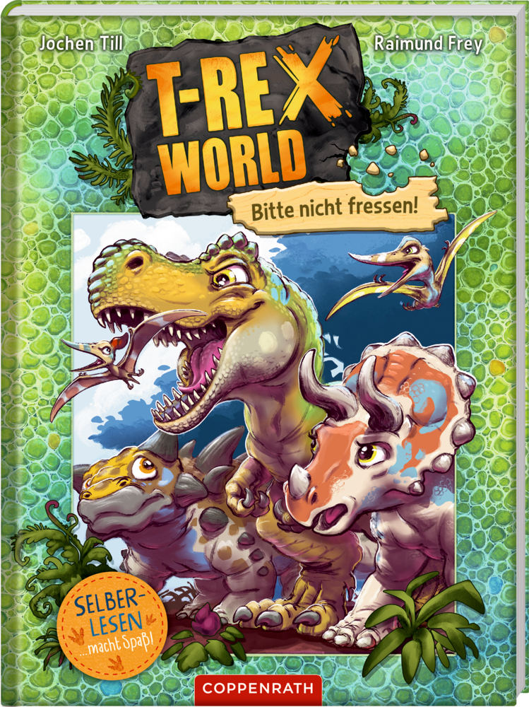 T-Rex und zwei weitere Dinosaurier auf einem farbenfrohen Buchcover mit dem Titel „T-Rex World: Bitte nicht fressen!“.